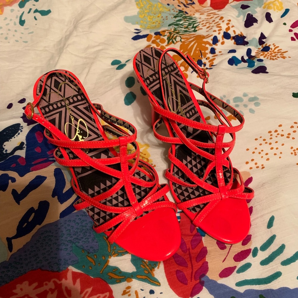 Jessica Simpson neon coral caged heel sandal